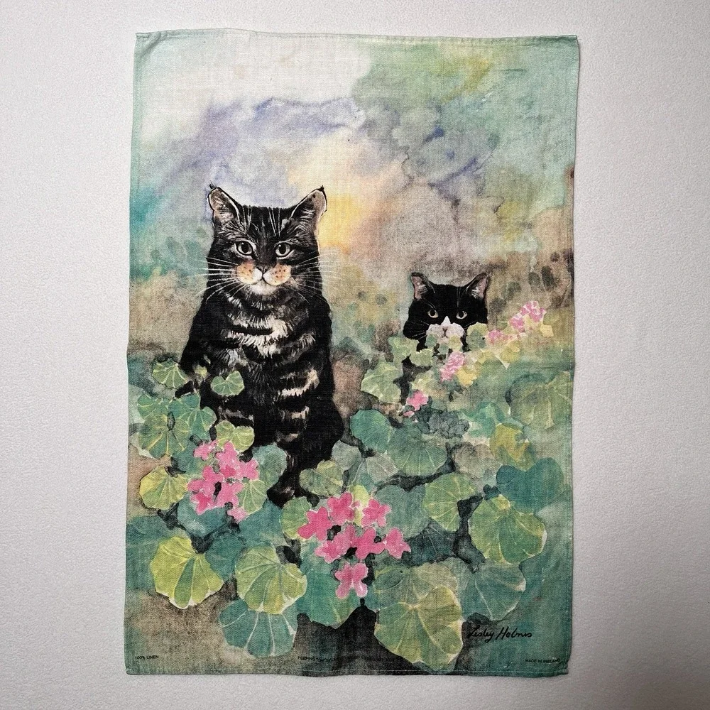 VTG Leslie Holmes Linen Tea Towel Cats Ireland Ulster Weavers Pure Irish Linen